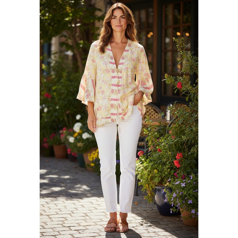 MAAJI Lemon Floral Kimono Blouse Resort Chic V-Neck Wrap Tie Top‎ Fits S/M $148